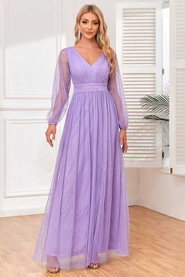 Vestido formal lila de manga larga de línea A con abertura